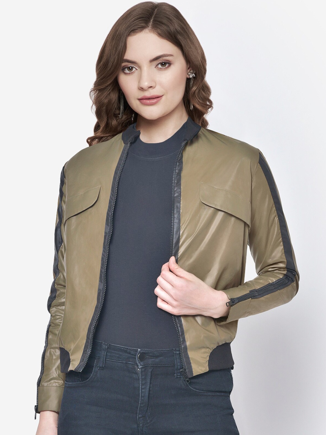 

Martini Women Green Water Resistant Bomber Jacket