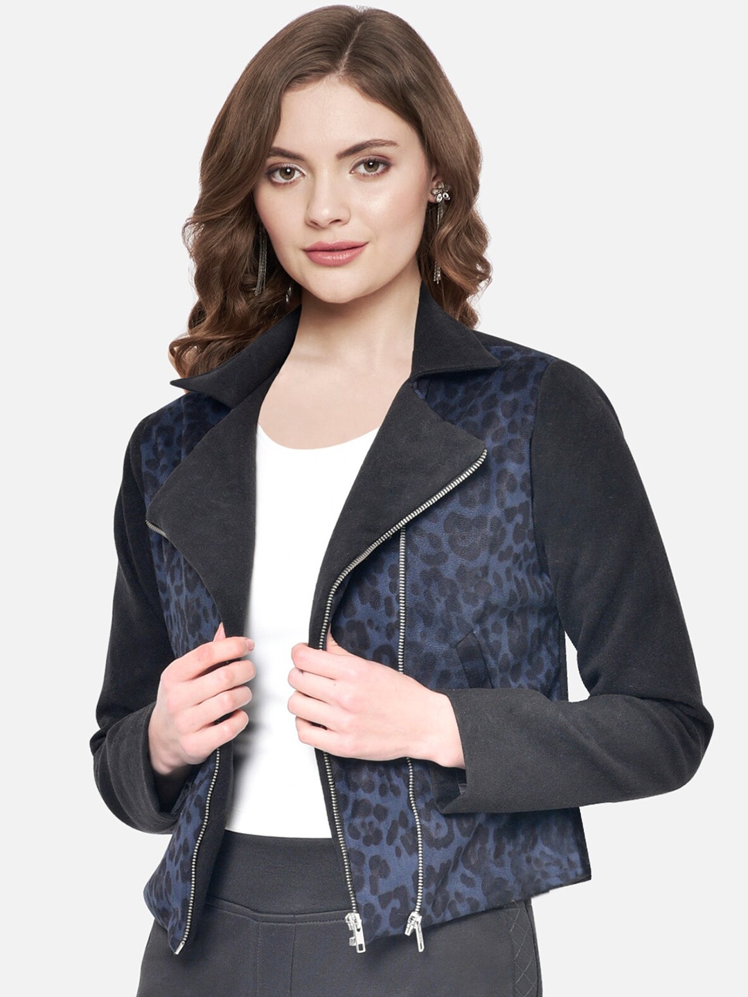 

Martini Women Blue Camouflage Suede Crop Tailored Jacket