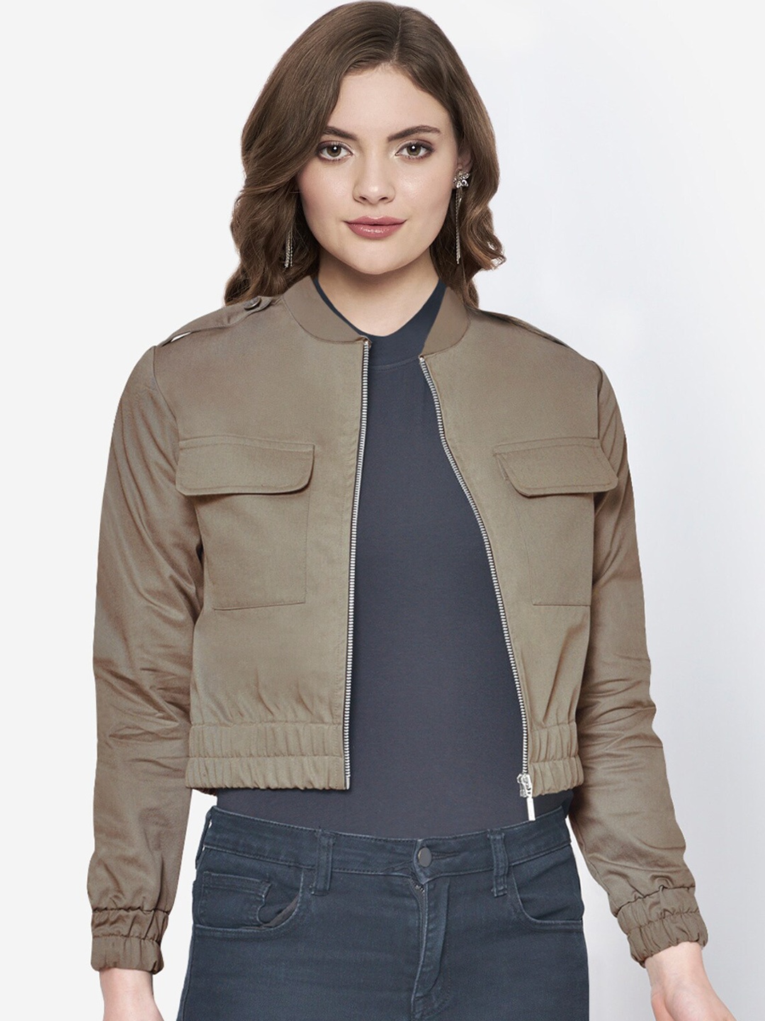 

Martini Women Brown Lightweight Crop Cotton Bomber Jacket