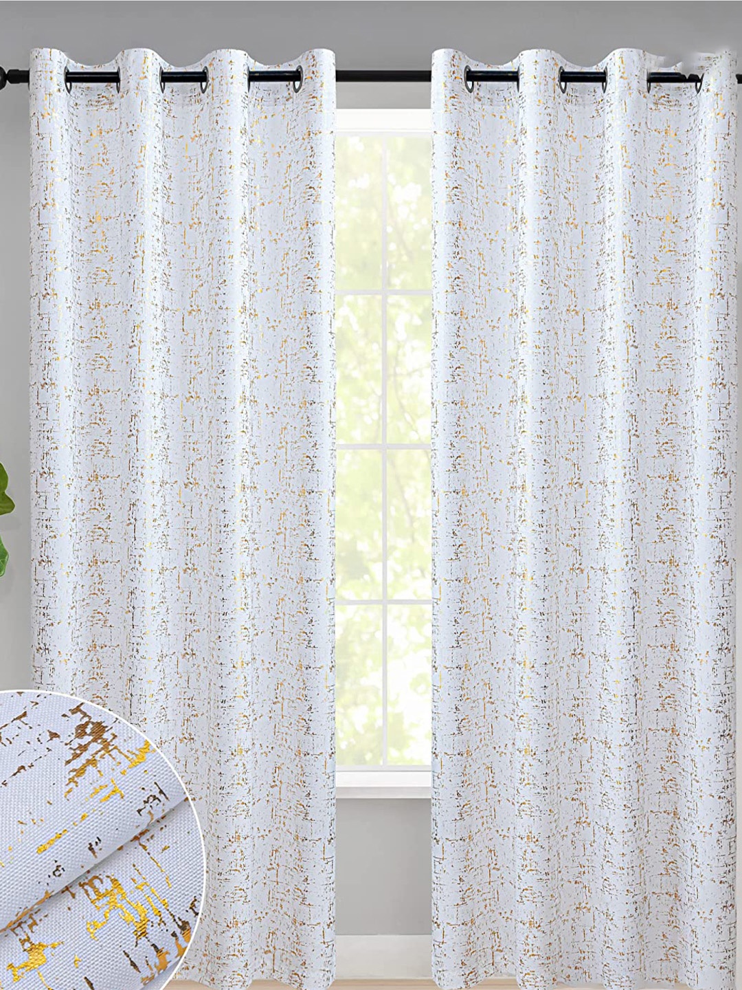 

URBAN SPACE White & Gold-Toned Soft Sheen Silk Black Out Door Curtain