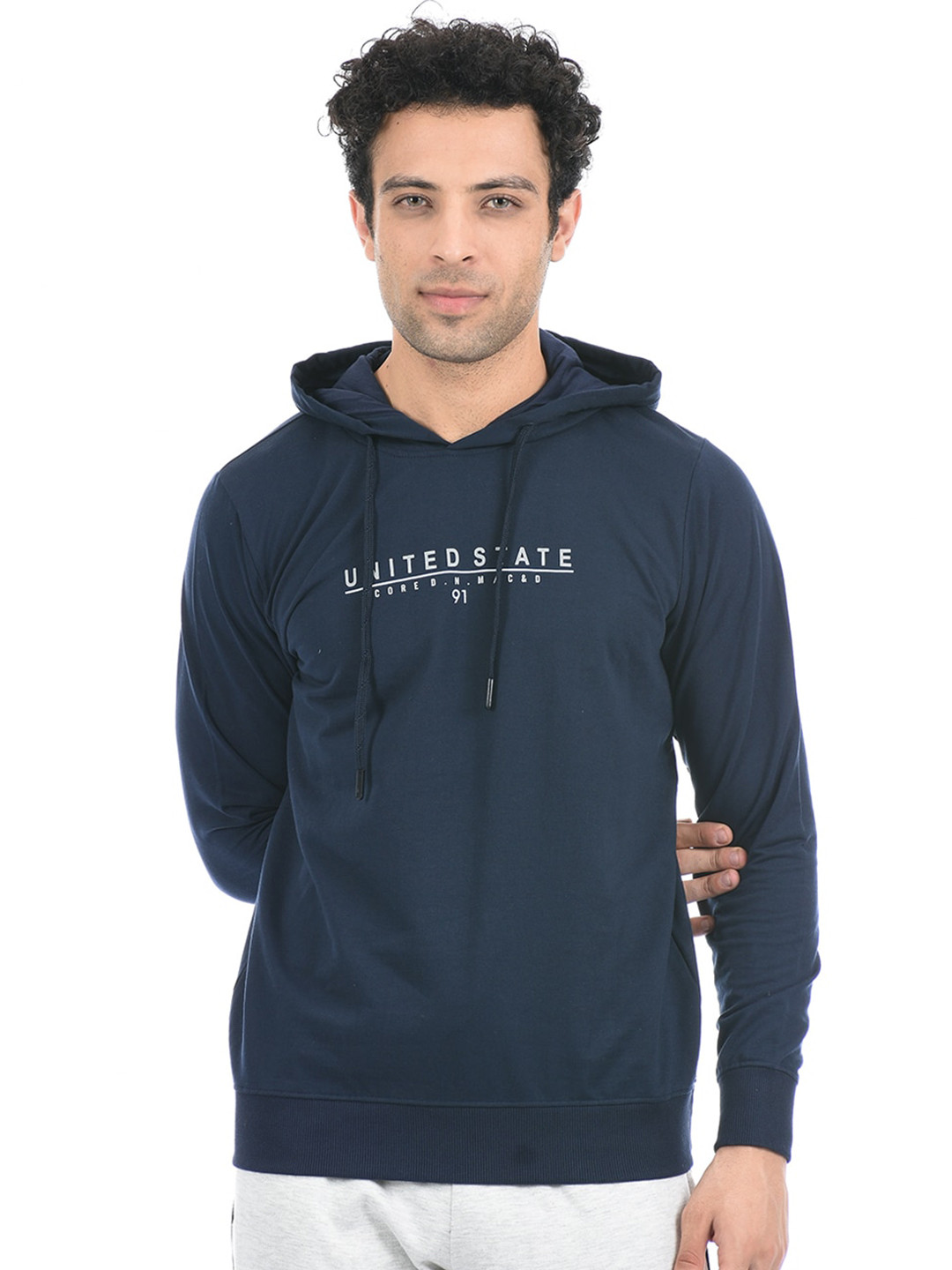 

Cloak & Decker by Monte Carlo Men Navy Blue Printed Hooded Cotton Sweatshirt