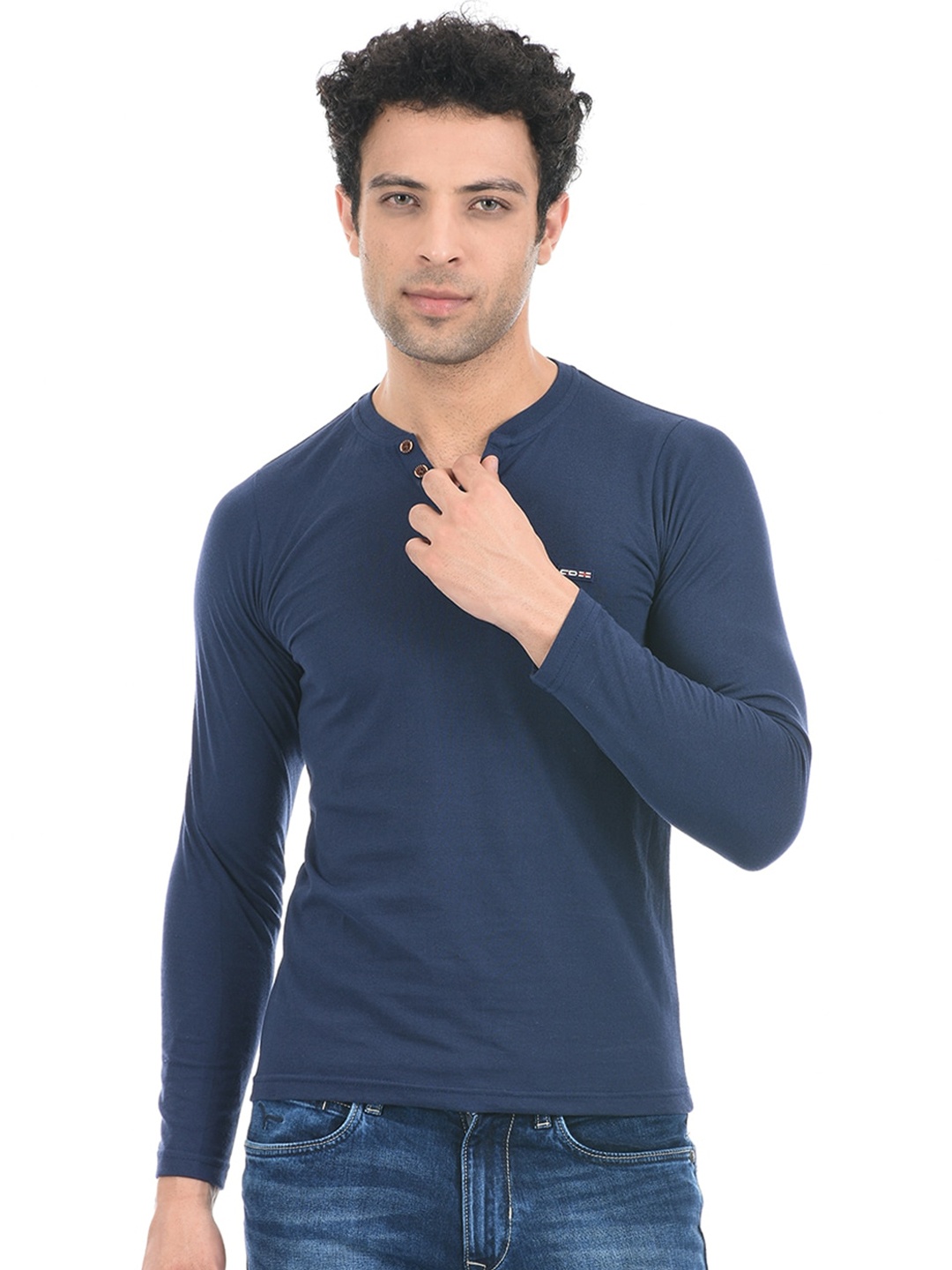 

Cloak & Decker by Monte Carlo Men Navy Blue Henley Neck Cotton T-shirt