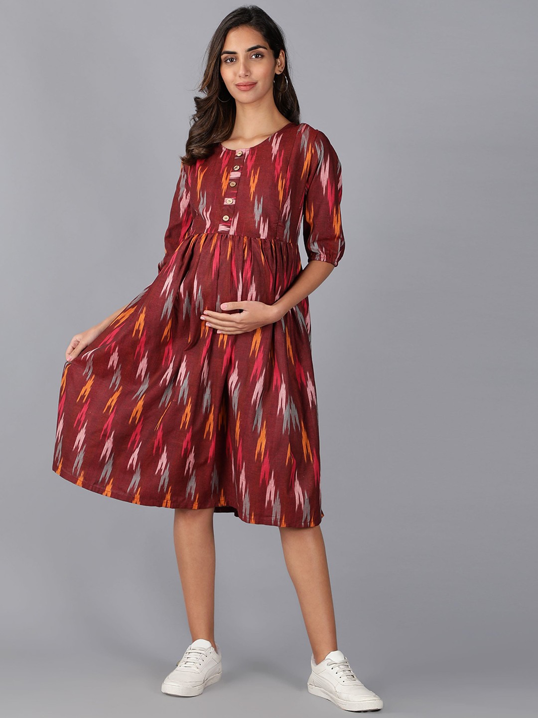 

Cot'N Soft Maroon Maternity Abstract Printed Cotton A-Line Dress