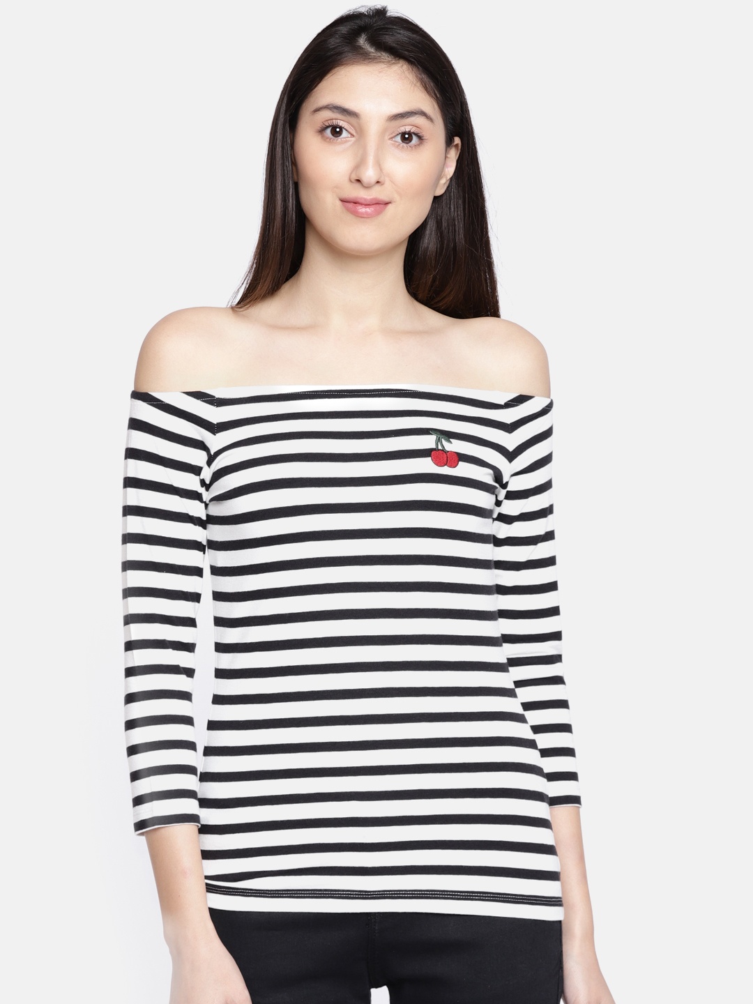 

Vero Moda Women Black & White Striped Off-shoulder Bardot Top