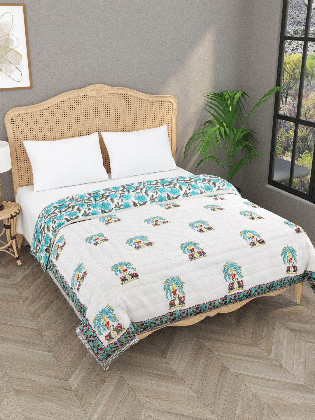 

Gulaab Jaipur Blue & White Ethnic Motifs Mild Winter 500 GSM Cotton Double Bed Quilt