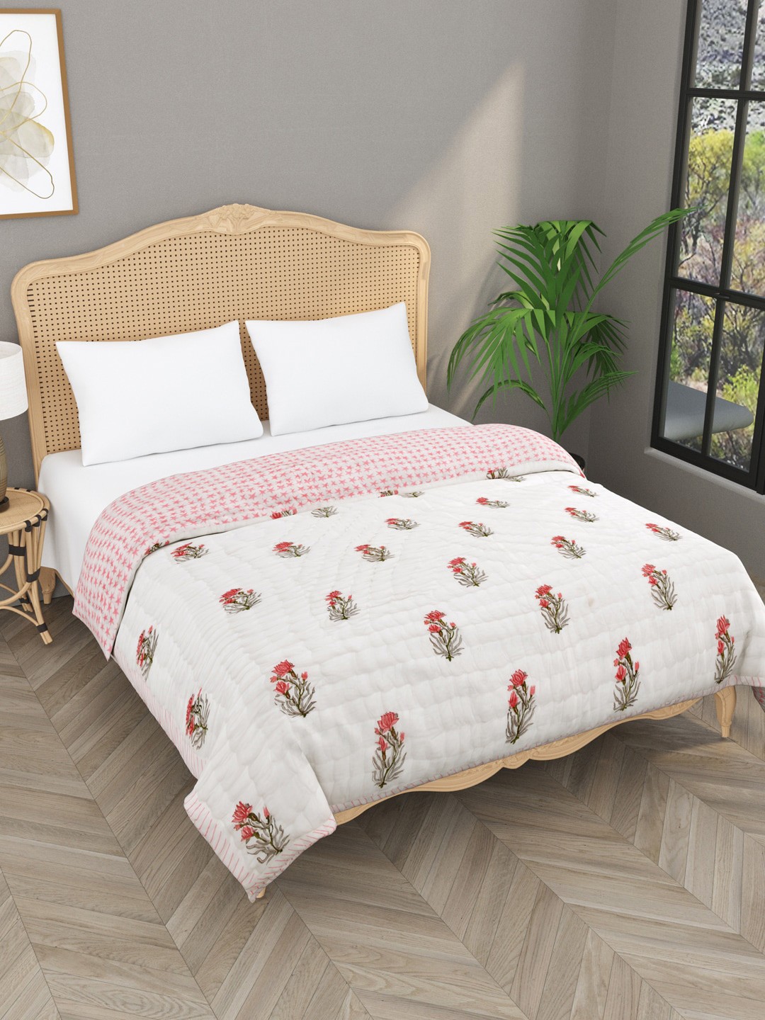 

Gulaab Jaipur Red & White Floral Mild Winter 500 GSM Cotton Double Bed Quilt