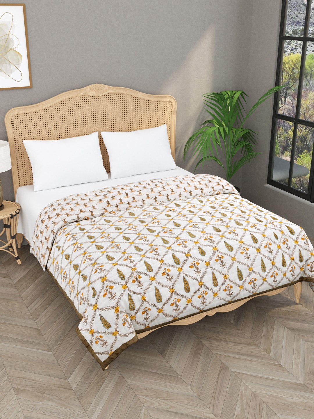

Gulaab Jaipur White & Brown Floral Mild Winter 500 GSM Cotton Double Bed Quilt