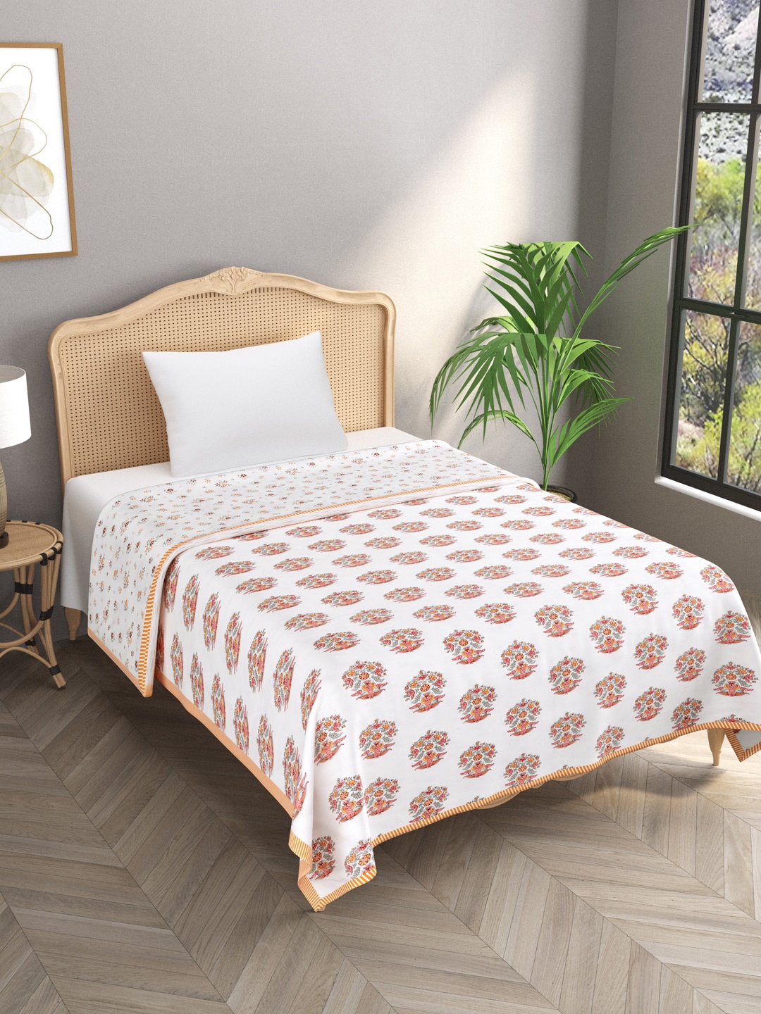 

Gulaab Jaipur White & Pink Floral AC Room 300 GSM Cotton Single Bed Dohar