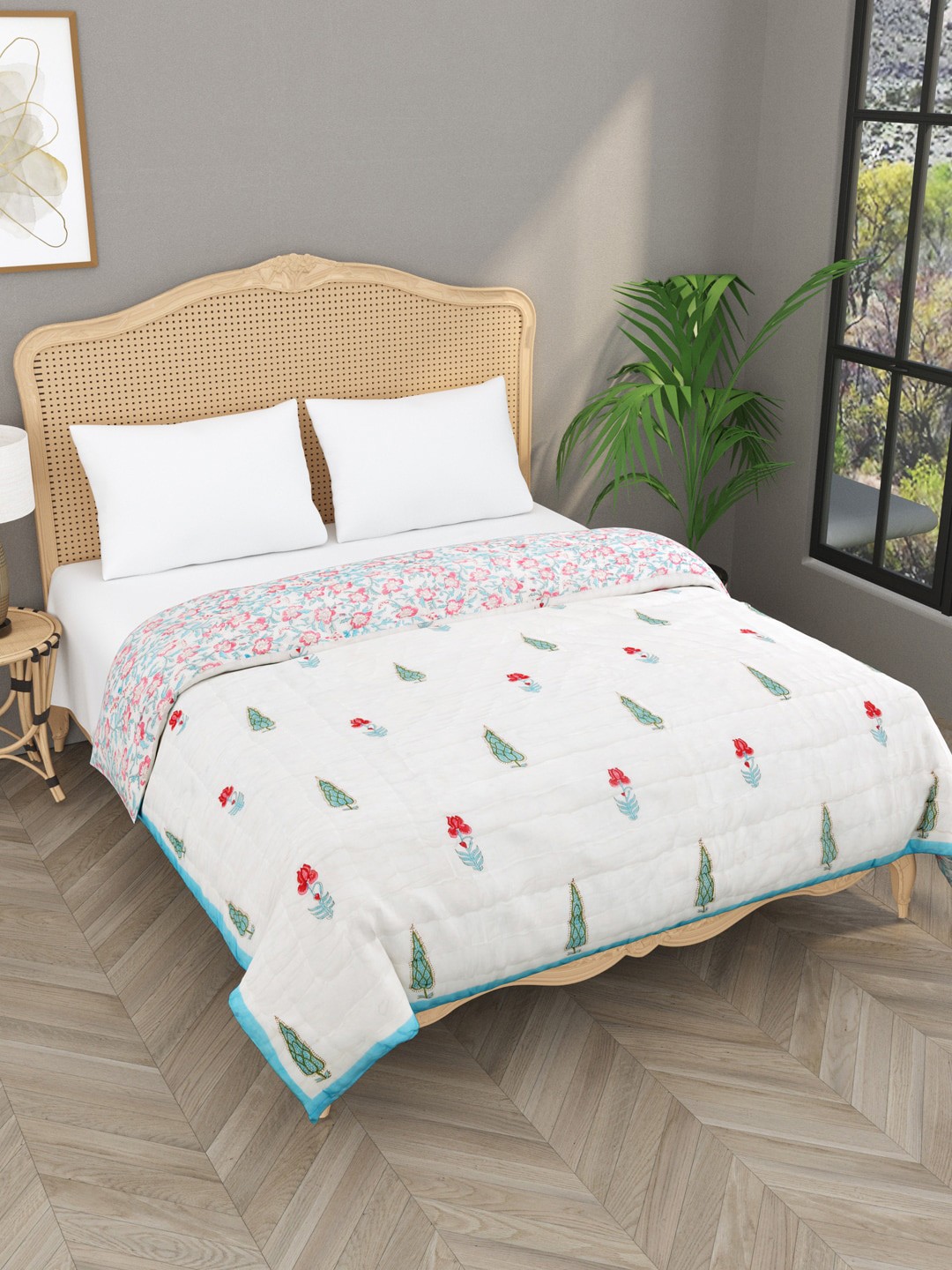 

Gulaab Jaipur White & Blue Floral Mild Winter 500 GSM Cotton Double Bed Quilt
