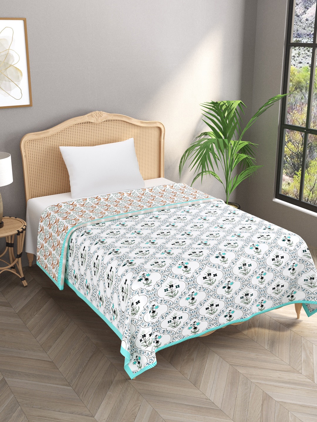 

Gulaab Jaipur White & Blue Floral AC Room 300 GSM Cotton Single Bed Dohar