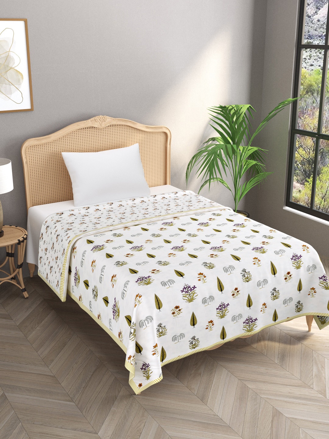 

Gulaab Jaipur White & Green Floral AC Room 300 GSM Cotton Single Bed Dohar