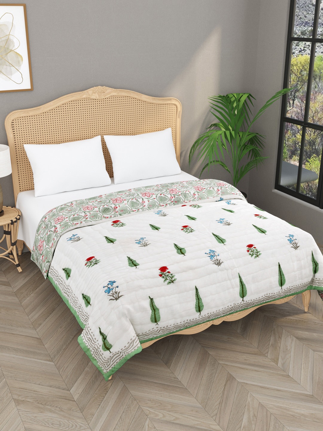 

Gulaab Jaipur White & Green Floral Mild Winter 500 GSM Cotton Double Bed Quilt