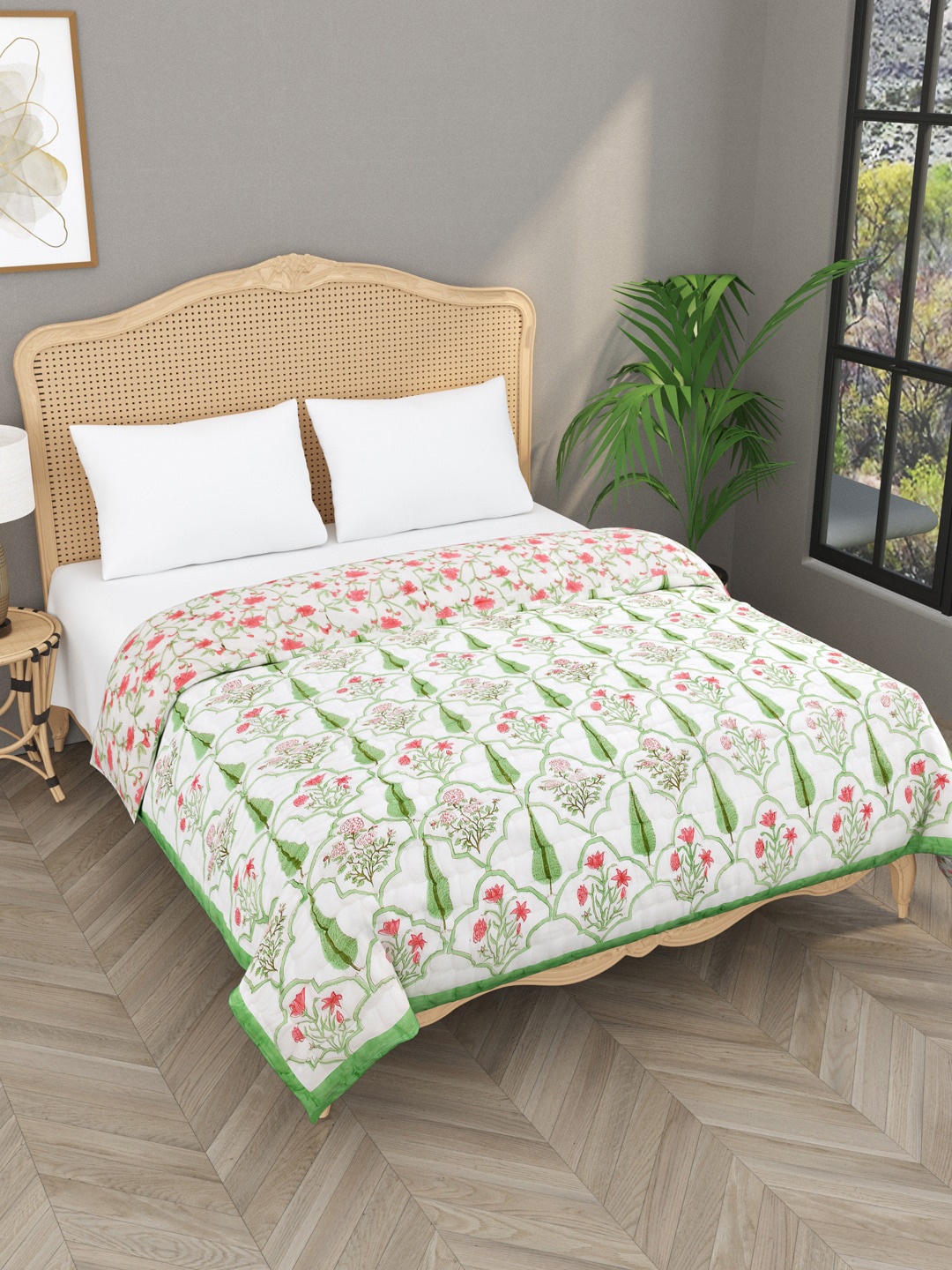 

Gulaab Jaipur White & Green Floral Mild Winter 500 GSM Cotton Double Bed Quilt