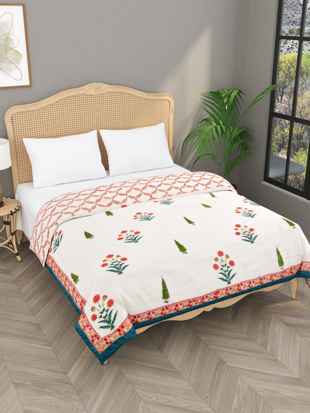 

Gulaab Jaipur White & Red Floral Mild Winter 500 GSM Cotton Double Bed Quilt