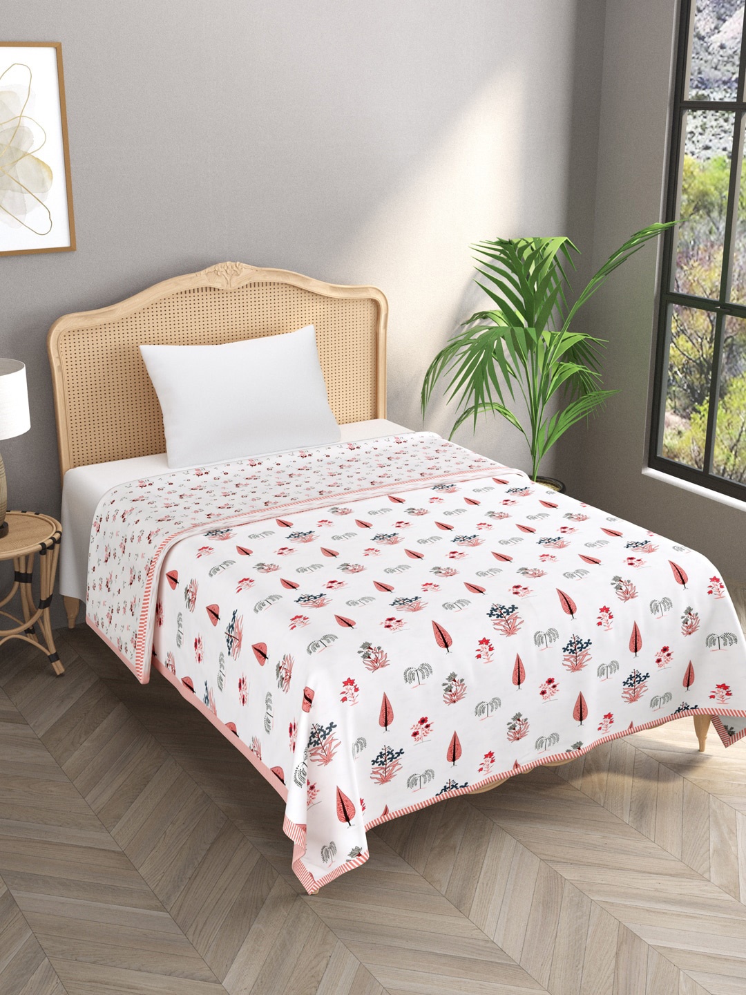 

Gulaab Jaipur White & Red Floral AC Room 300 GSM Cotton Single Bed Dohar