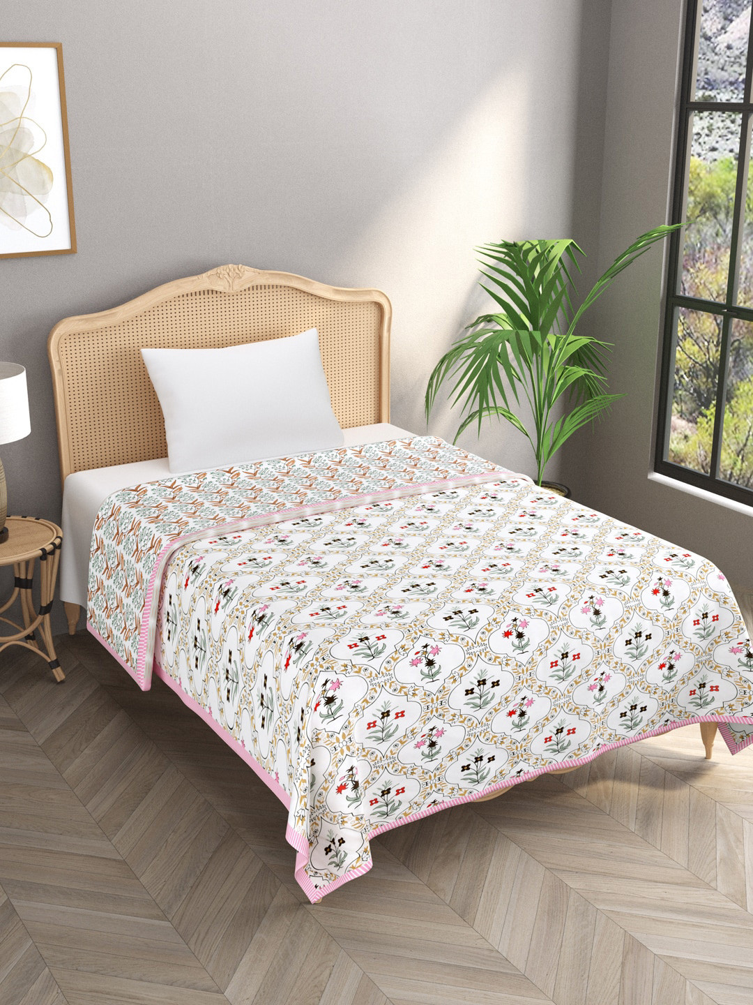 

Gulaab Jaipur White & Pink Floral AC Room 300 GSM Cotton Single Bed Dohar