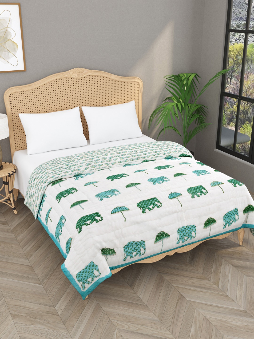 

Gulaab Jaipur Blue & White Ethnic Motifs Mild Winter 500 GSM Cotton Double Bed Quilt