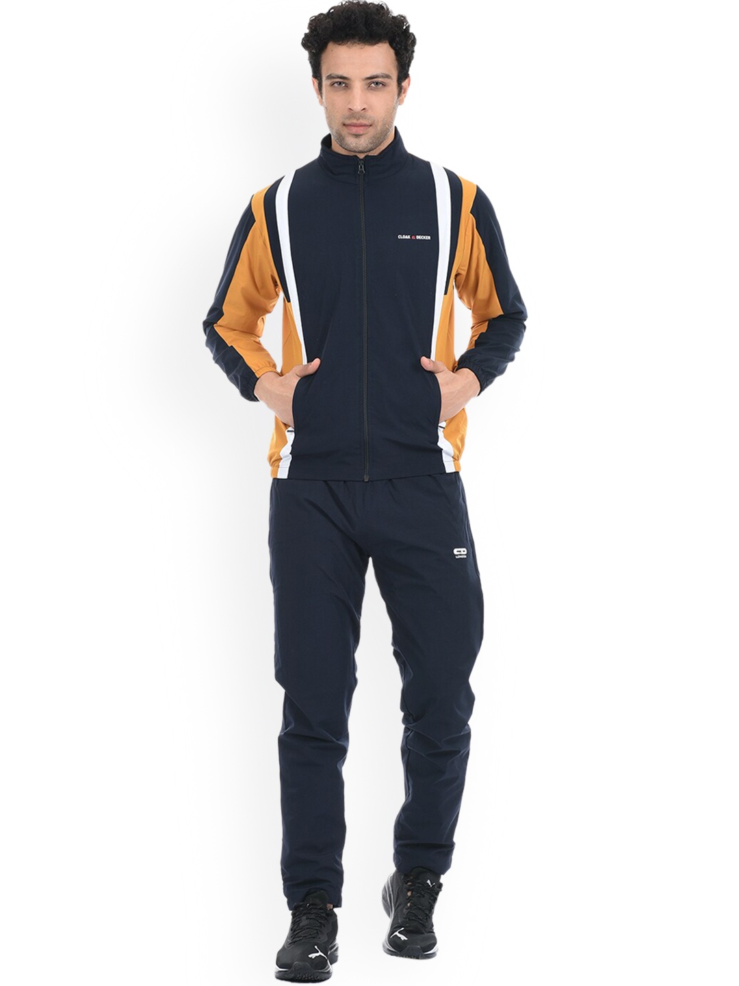 

Cloak & Decker by Monte Carlo Men Navy Blue & Mustard Yellow Colorblocked Tracksuit