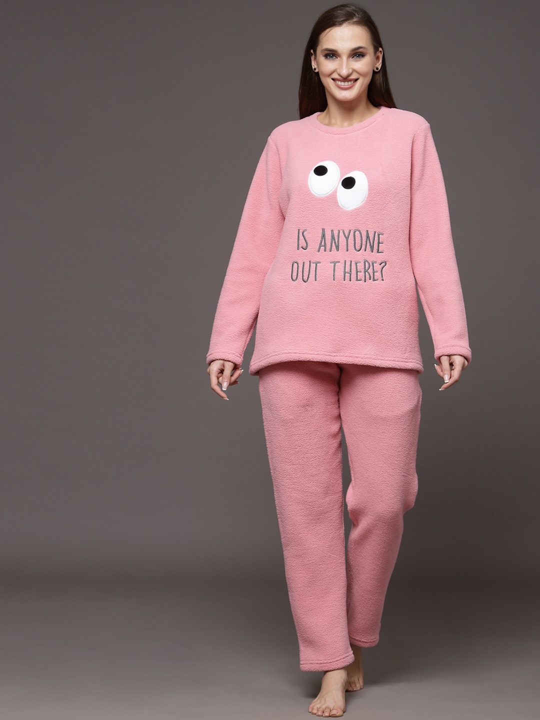 

Sweet Dreams Women Super Soft Polar Fleece Applique Winter Night suit, Pink