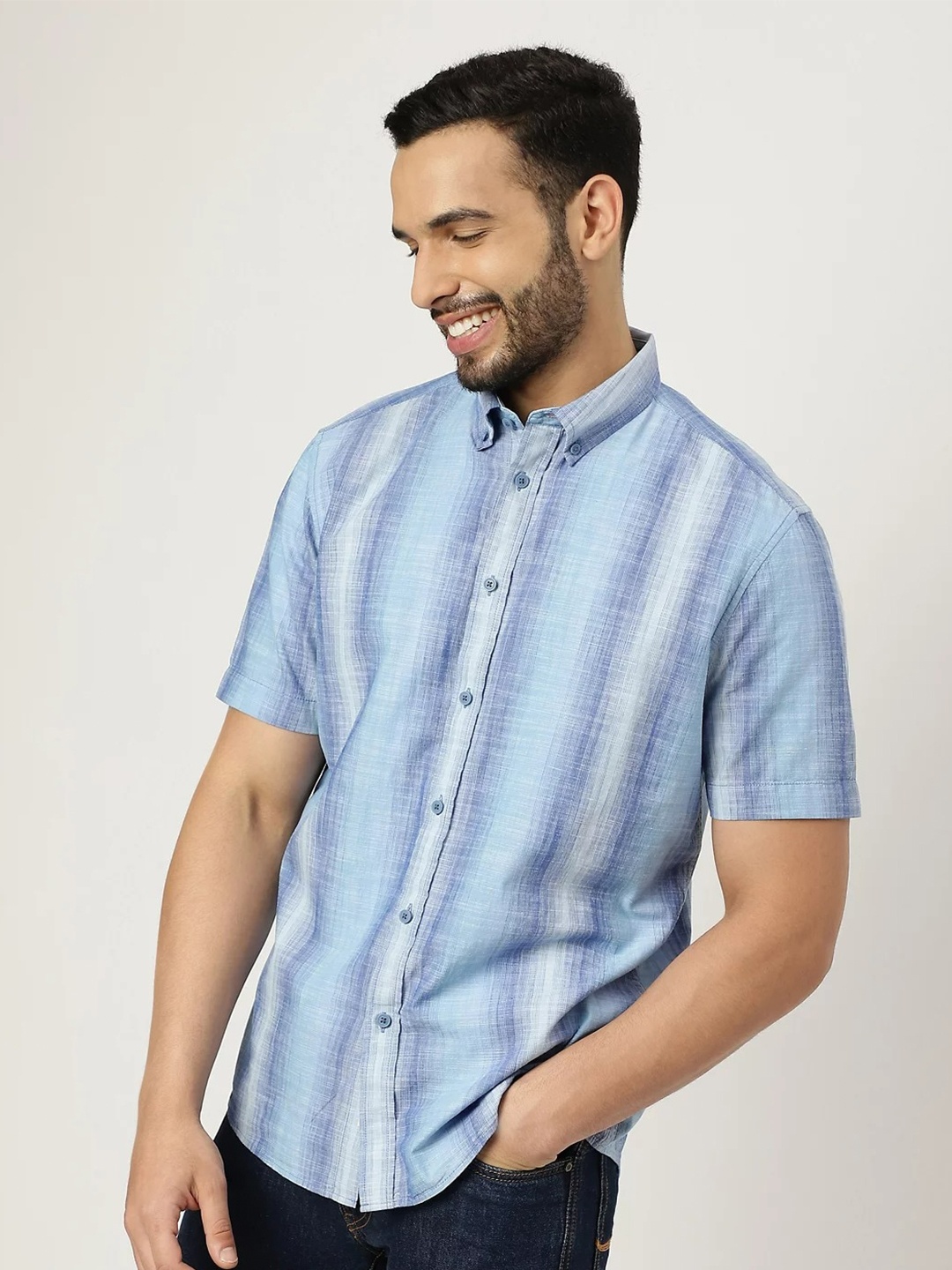 

Marks & Spencer Men Blue Striped Pure Cotton Casual Shirt