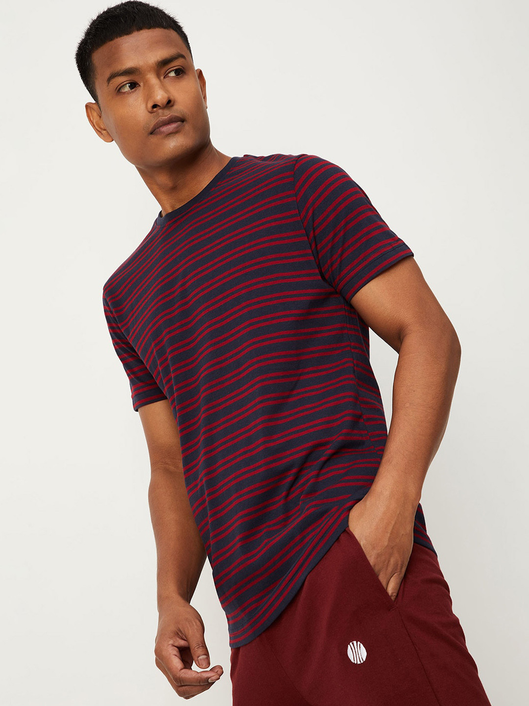 

max Men Blue & Red Cotton Striped Lounge Tshirt