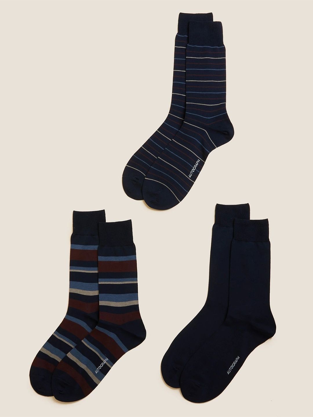 

Marks & Spencer Men Pack Of 3 Striped Ankle-Length Socks, Blue