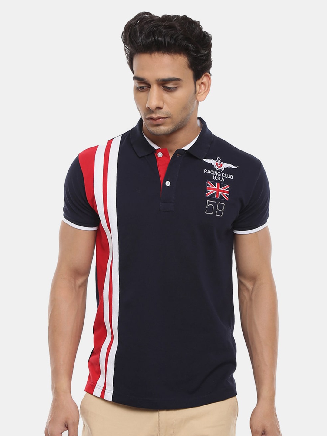 

V-Mart Men Blue & Red Colourblocked Polo Collar T-shirt