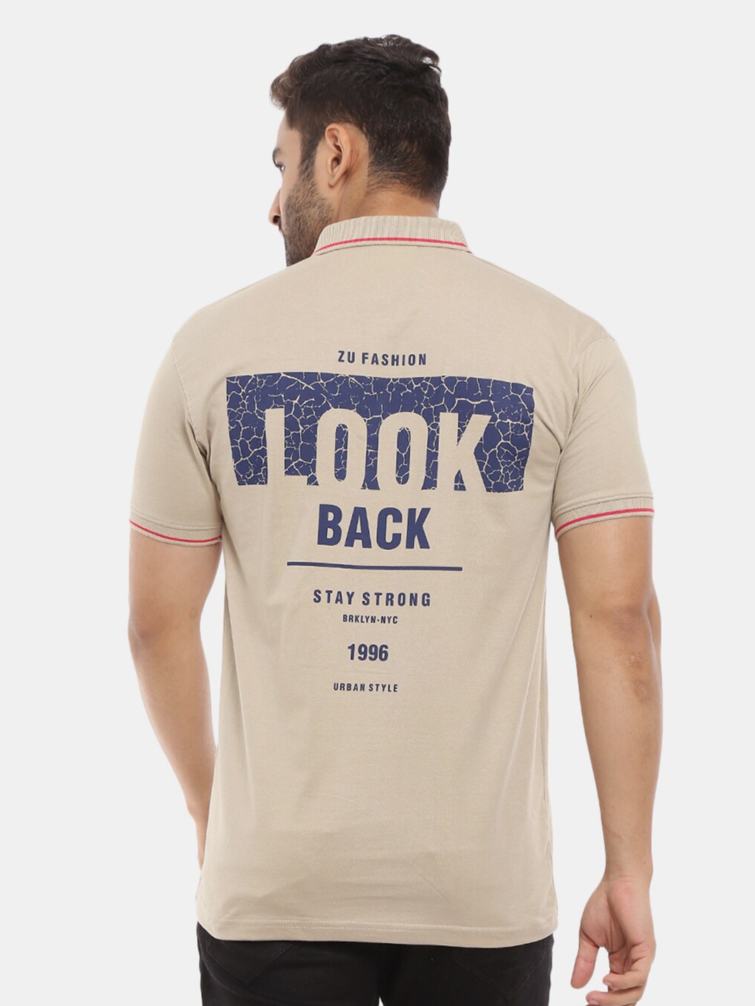 

V-Mart Men Beige & Blue Typography Printed Polo Collar Cotton T-shirt