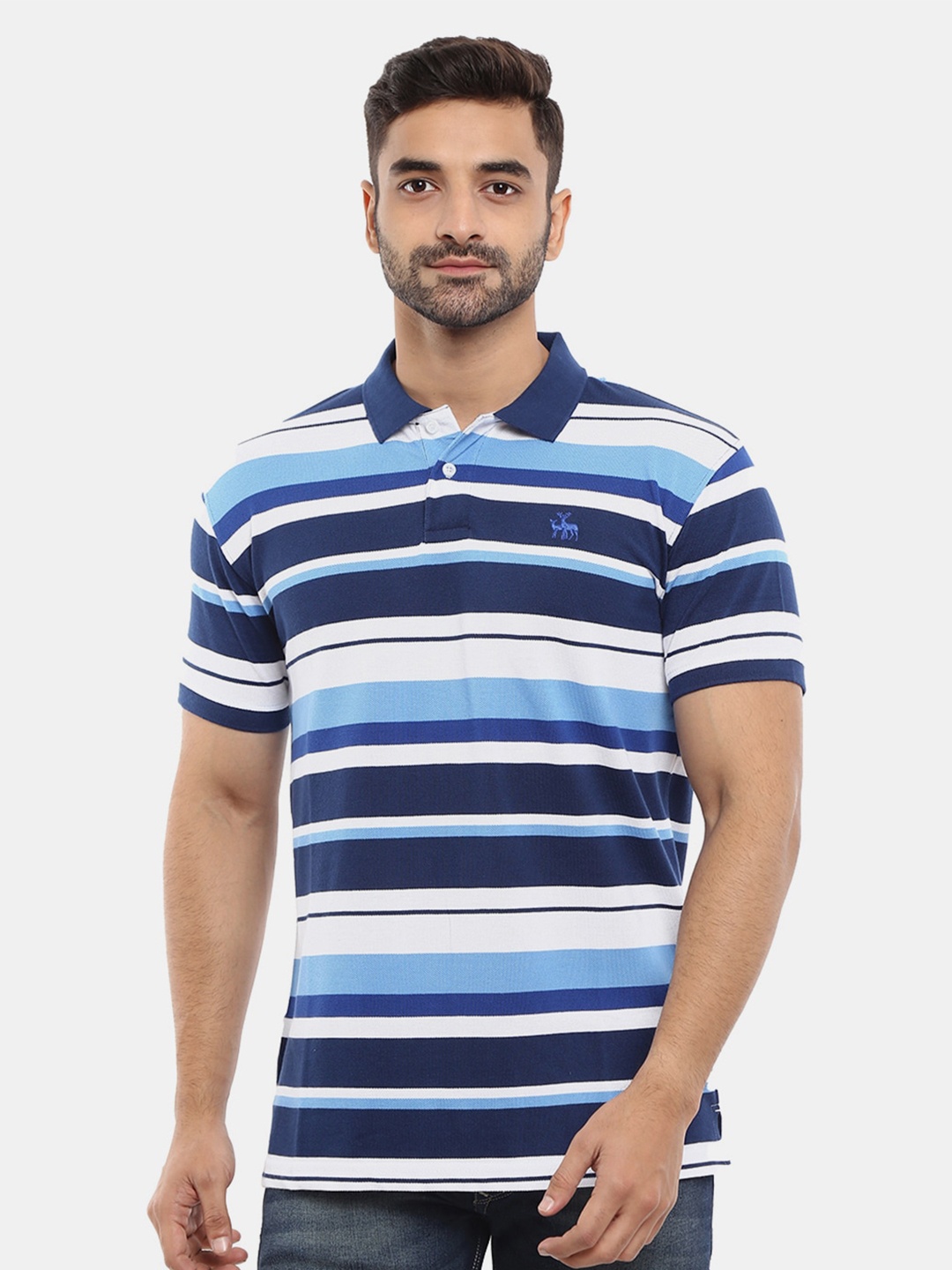 

V-Mart Men Blue & White Striped Polo Collar T-shirt
