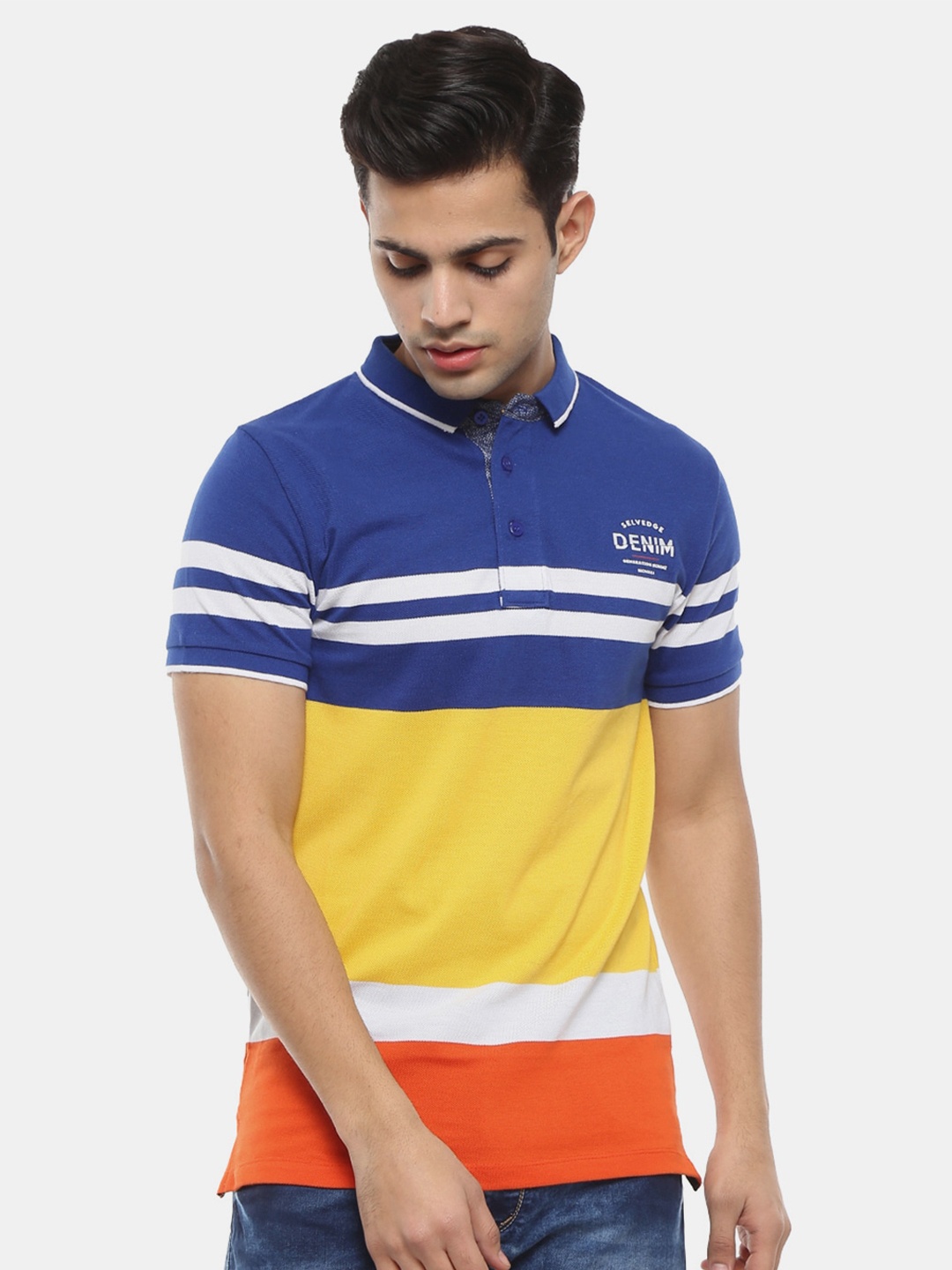 

V-Mart Men Blue & Yellow Striped Polo Collar Slim Fit T-shirt