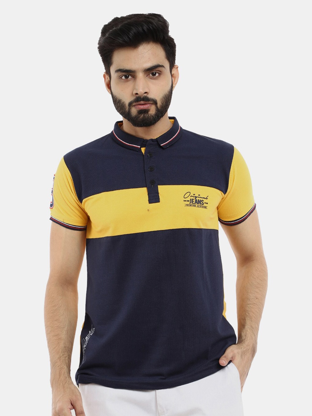 

V-Mart Men Navy Blue Colourblocked Mandarin Collar Slim Fit T-shirt
