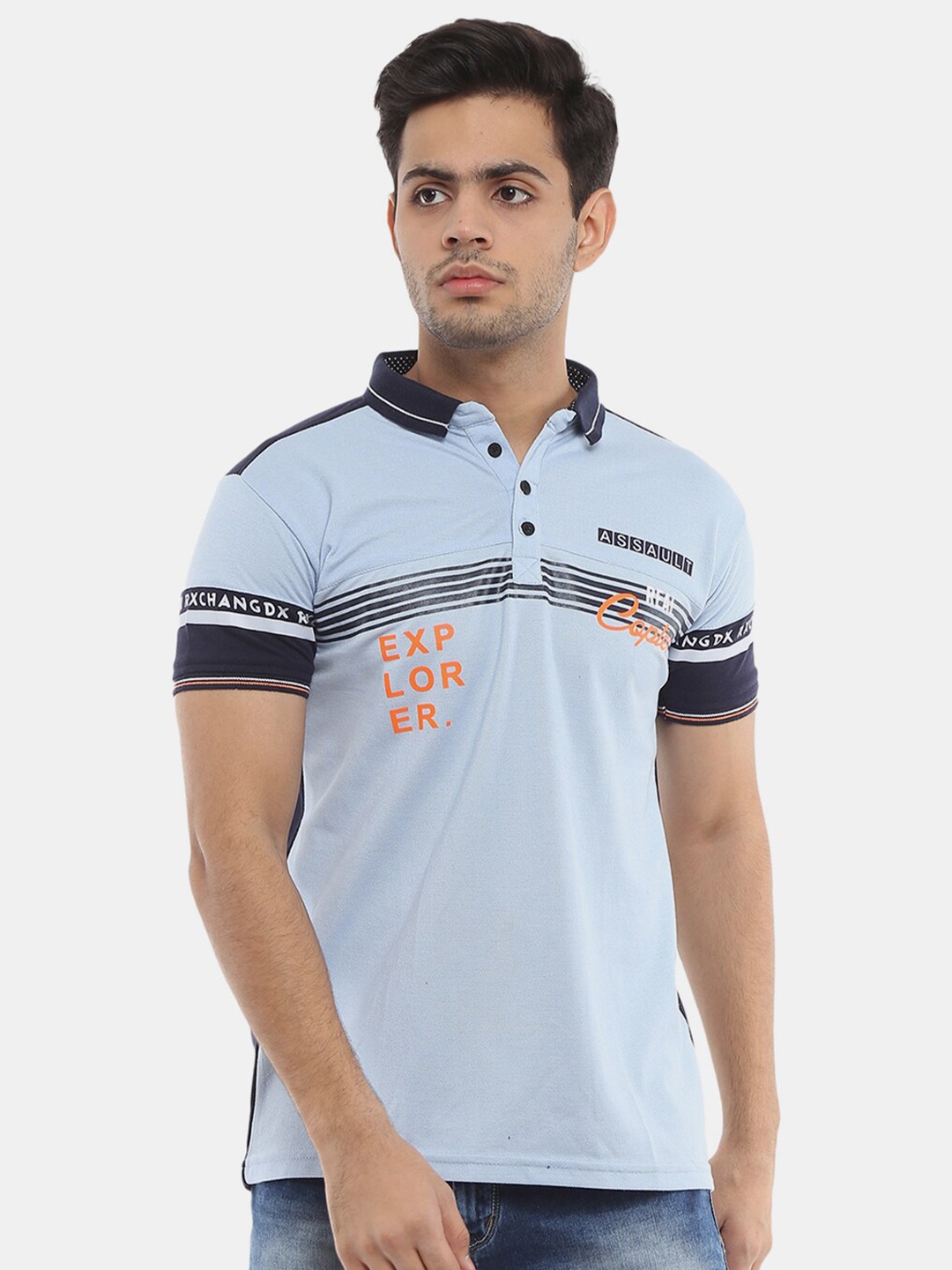 

V-Mart Men Blue & Navy Blue Typography Printed Polo Collar Slim Fit T-shirt