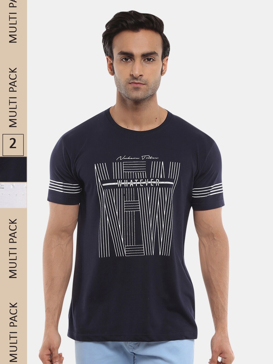 

V-Mart Men Navy Blue & White Pack of 2 Cotton Typography Printed Slim Fit T-shirt