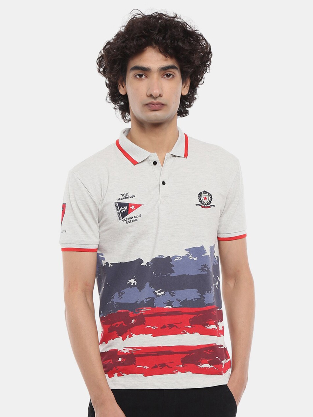 

V-Mart Men Grey & Red Printed Polo Collar Slim Fit T-shirt