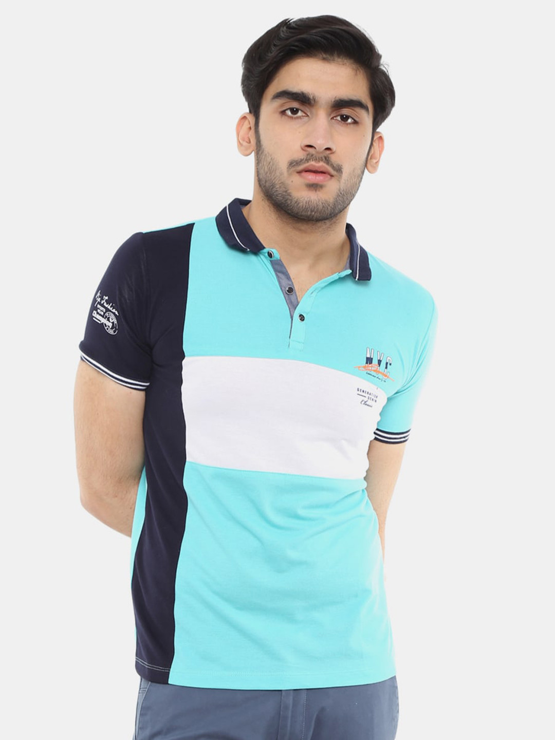 

V-Mart Men Blue & Navy Blue Colourblocked Polo Collar Slim Fit T-shirt