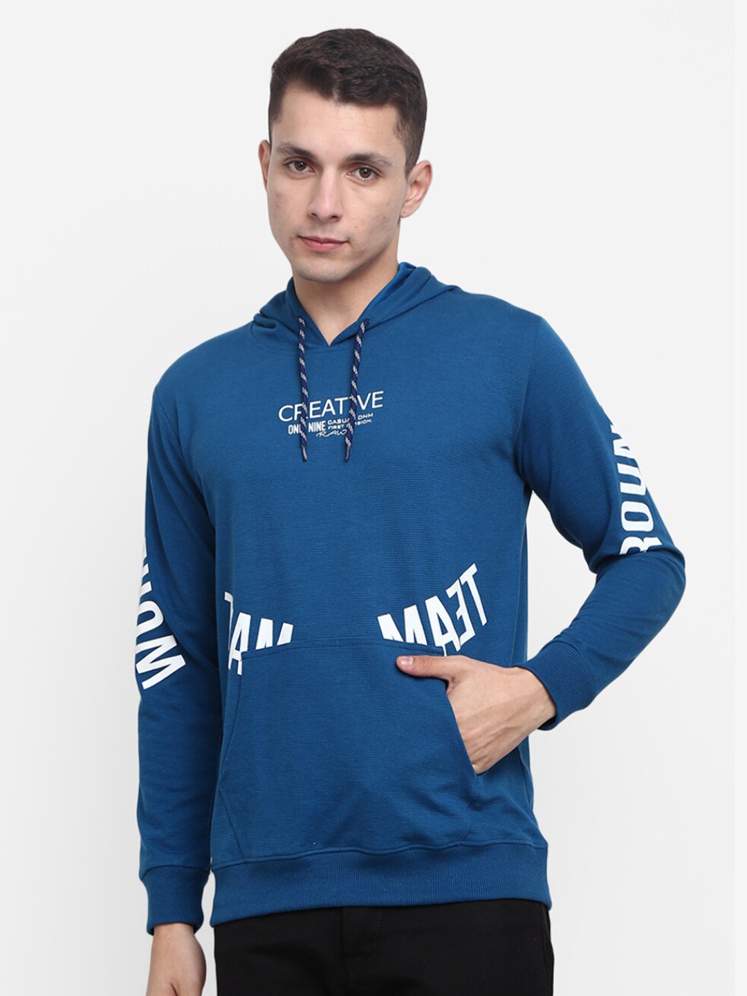 

V-Mart Men Blue Striped Hooded Sweatshirt