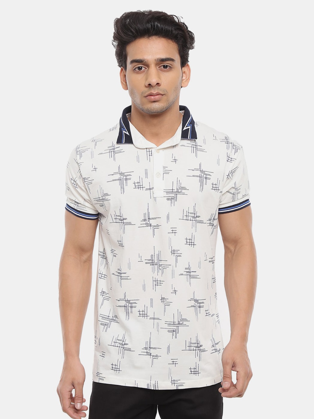 

V-Mart Men White & Navy Blue Printed Polo Collar Slim Fit T-shirt