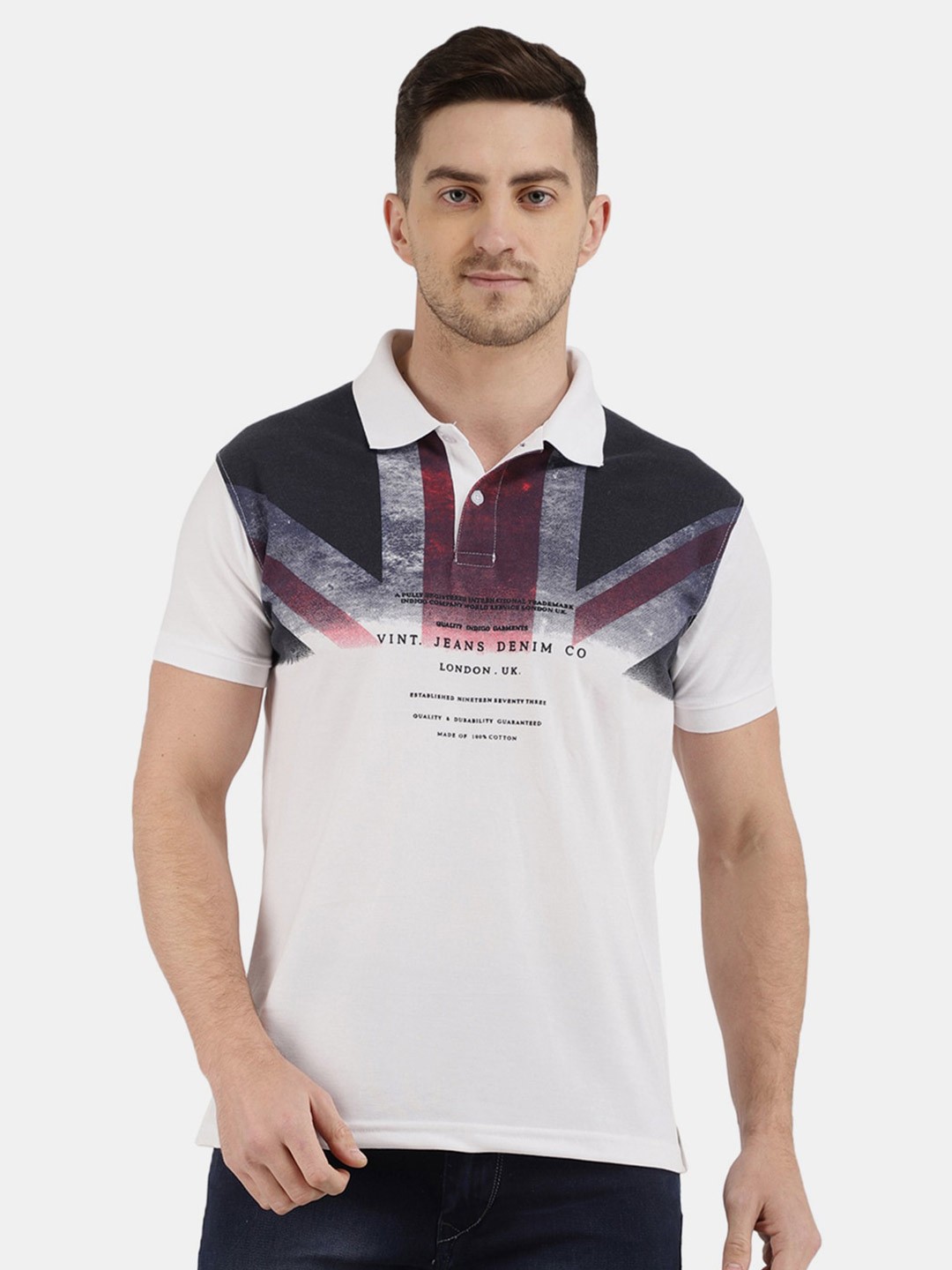 

V-Mart Men White & Navy Blue Printed Polo Collar T-shirt