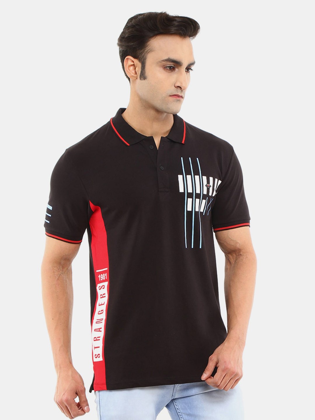 

V-Mart Men Black & Red Typography Printed Polo Collar Slim Fit T-shirt