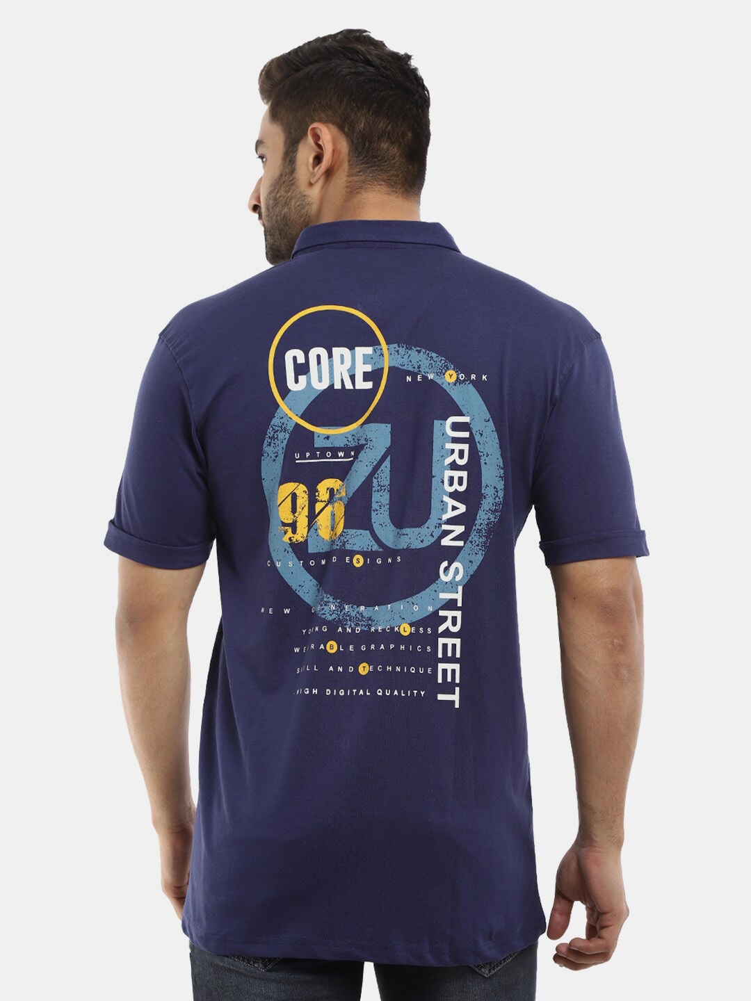 

V-Mart Men Navy Blue Typography Printed Polo Collar Cotton T-shirt
