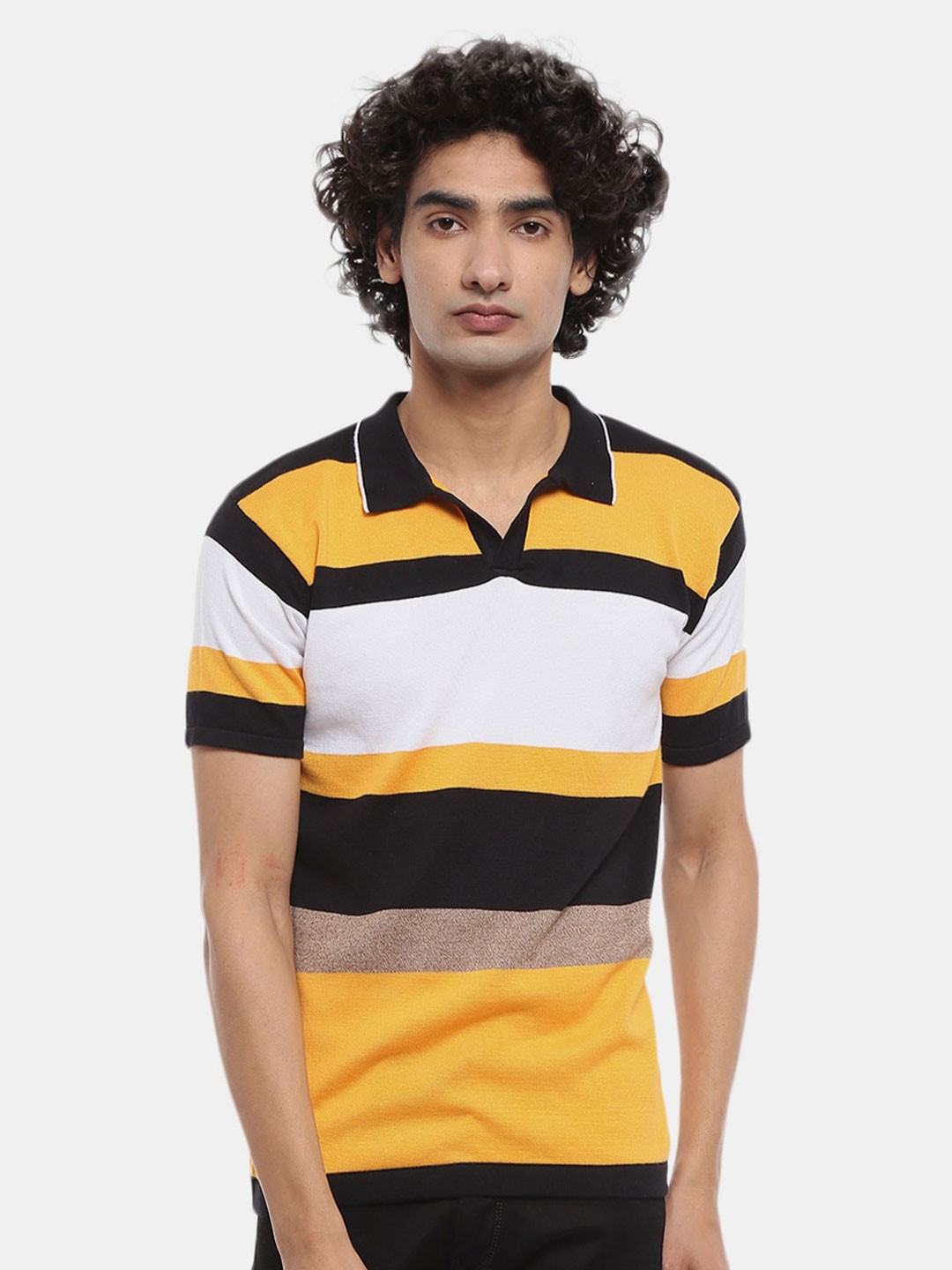 

V-Mart Men Yellow & Black Striped Polo Collar Slim Fit T-shirt