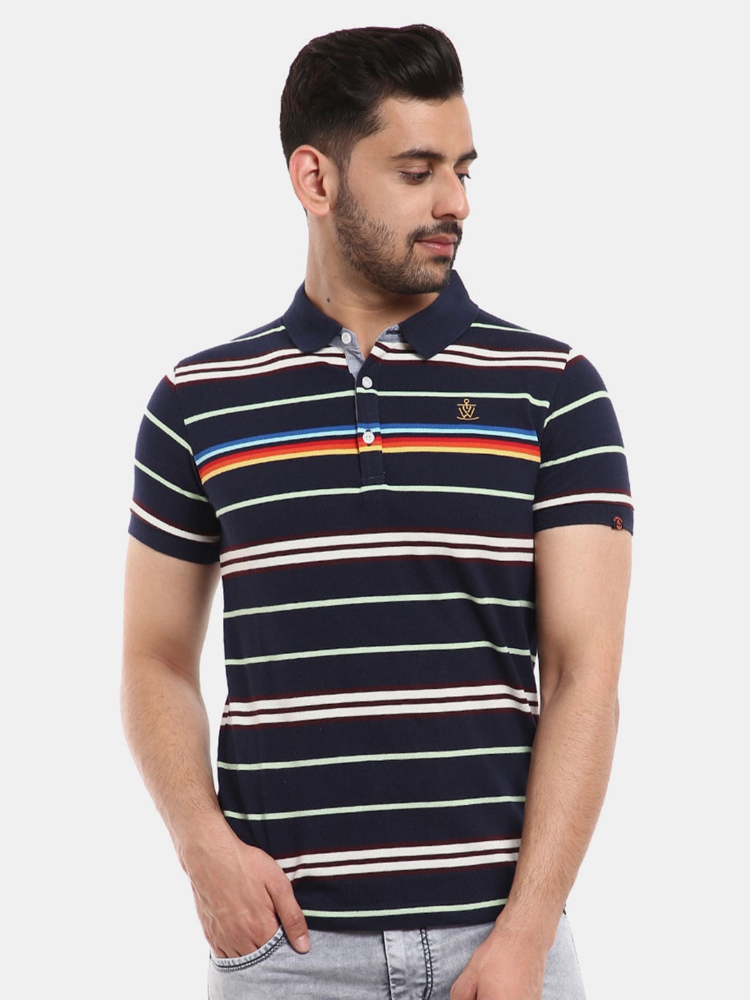 

V-Mart Men Navy Blue & White Striped Polo Collar Slim Fit T-shirt