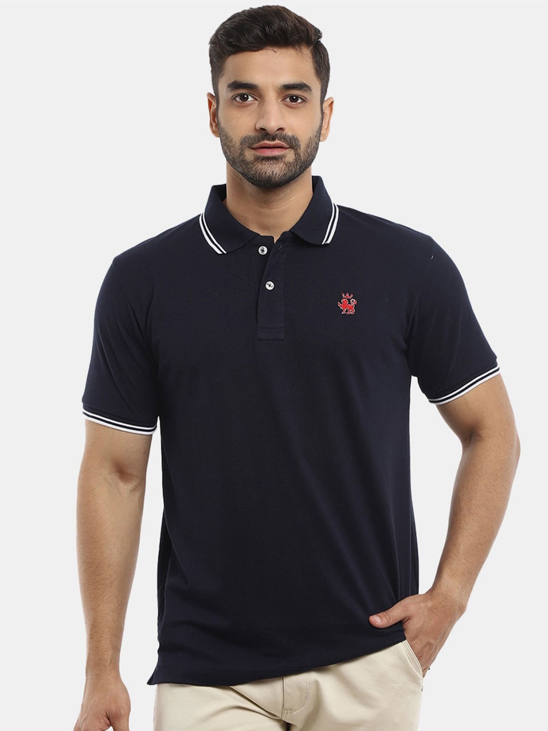 

V-Mart Men Navy Blue & White Polo Collar Slim Fit T-shirt