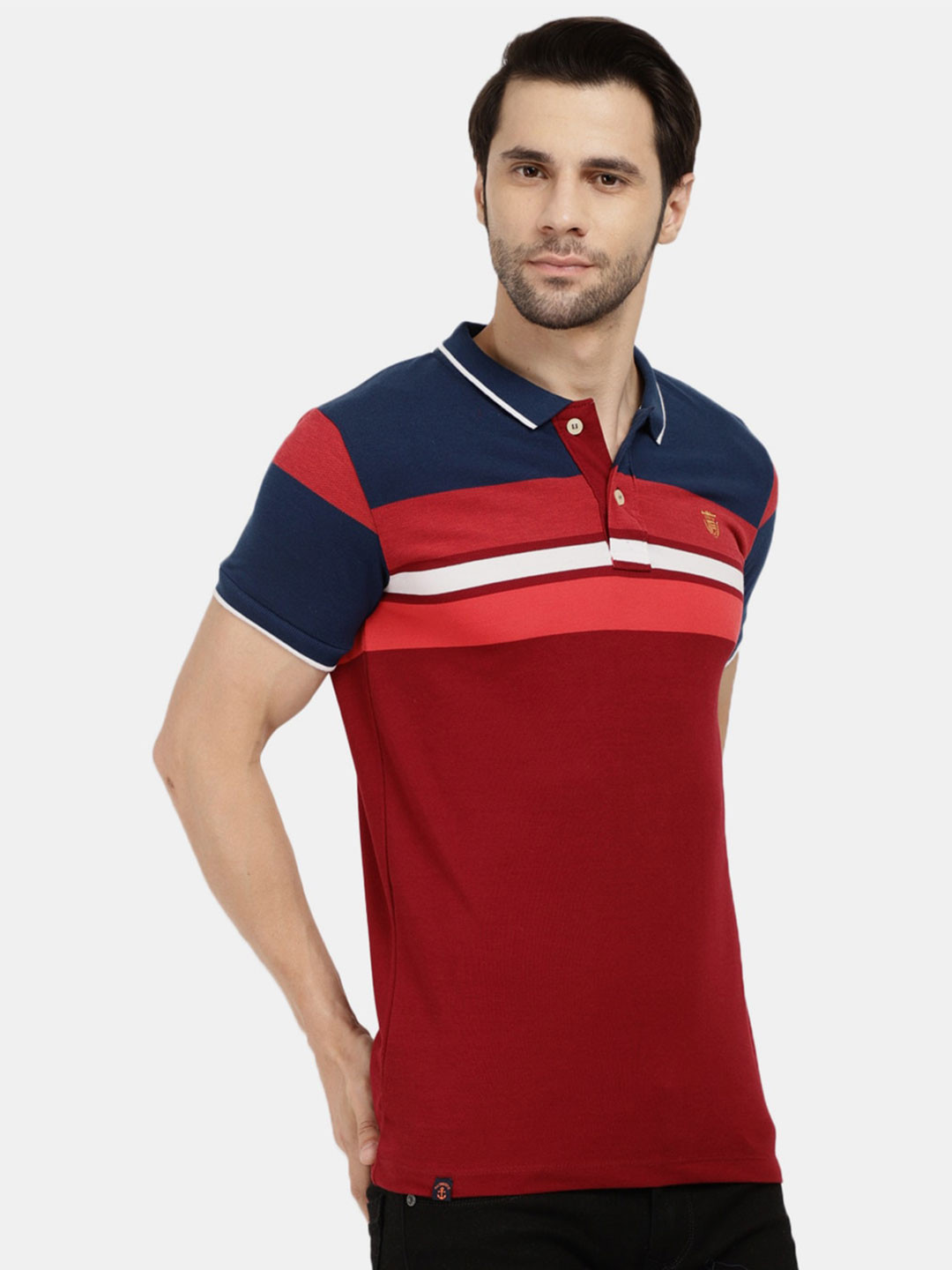 

V-Mart Men Red & Navy Blue Striped Polo Collar Slim Fit T-shirt