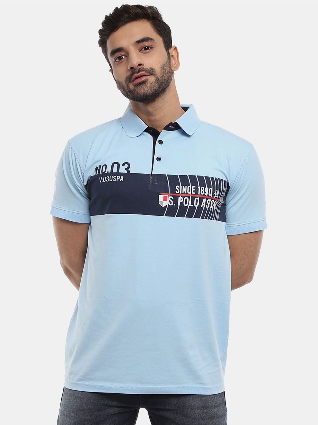 

V-Mart Men Blue & Navy Blue Typography Printed Polo Collar Slim Fit T-shirt
