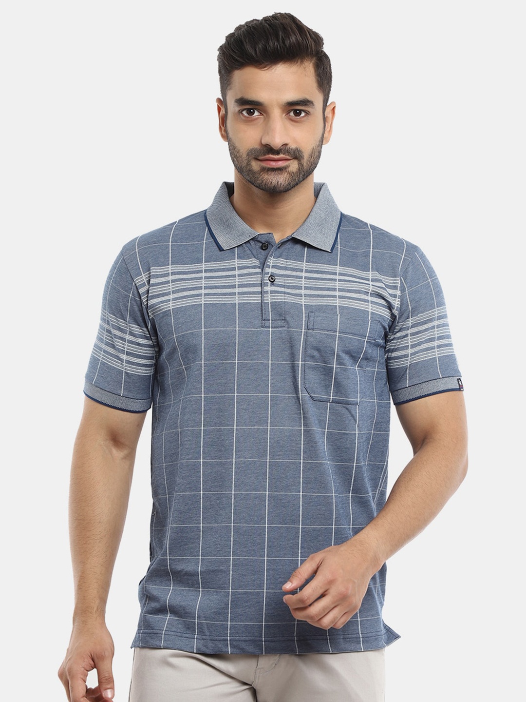 

V-Mart Men Blue Checked Polo Collar Slim Fit T-shirt