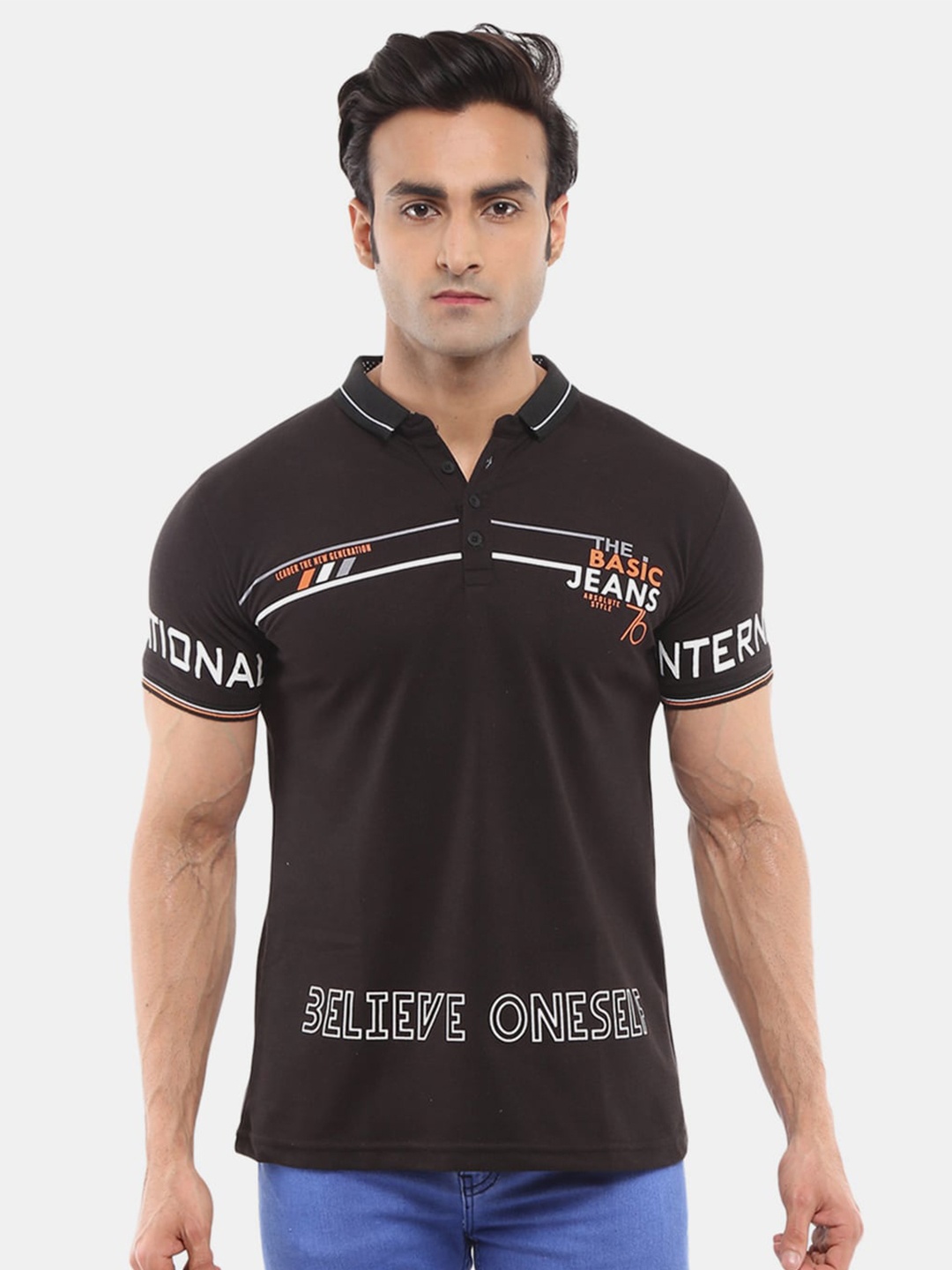 

V-Mart Men Black Typography Printed Polo Collar Slim Fit Cotton T-shirt