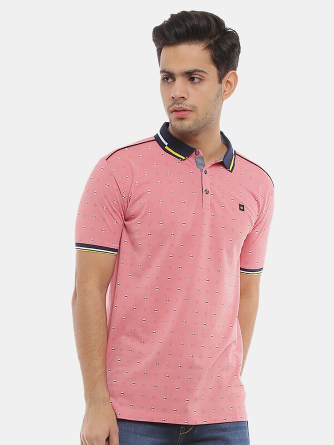 

V-Mart Men Peach-Coloured Printed Polo Collar Slim Fit Cotton T-shirt