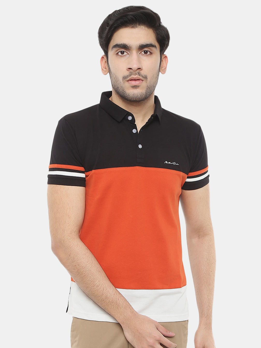 

V-Mart Men Rust & Black Colourblocked Polo Collar Cotton T-shirt