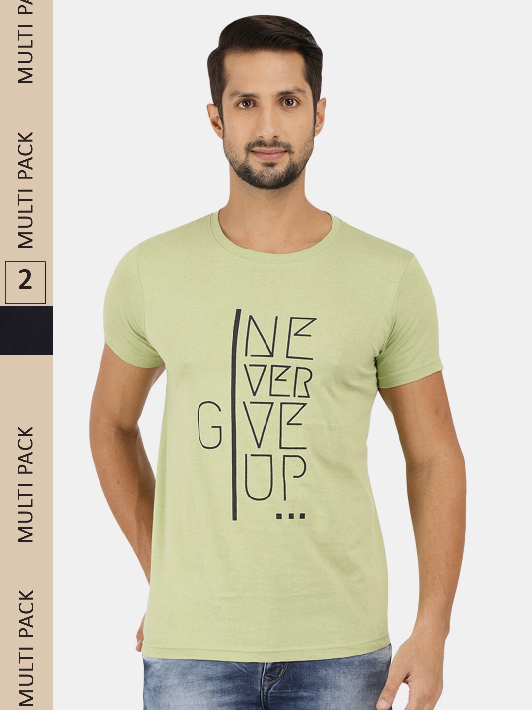 

V-Mart Men Green & Black Pack Of 2 Printed Slim Fit Cotton T-shirt